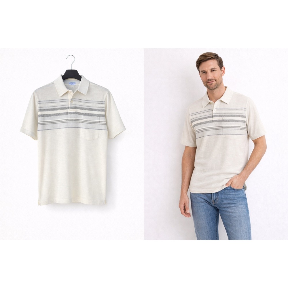 Captains Club Mens Polo Shirt Medium Cream Grey Stripe Vintage Made in USA Retro
